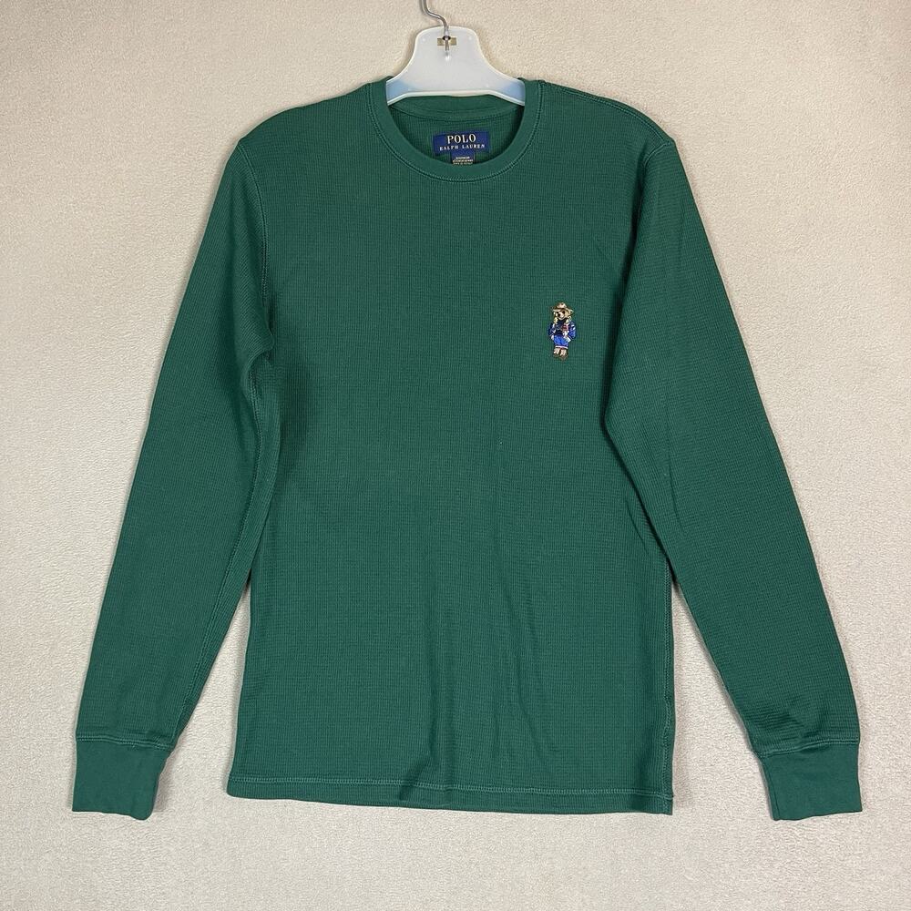 Polo Ralph Lauren T Shirt Mens S Green Polo Bear Embroidered Midweight Waffle LS